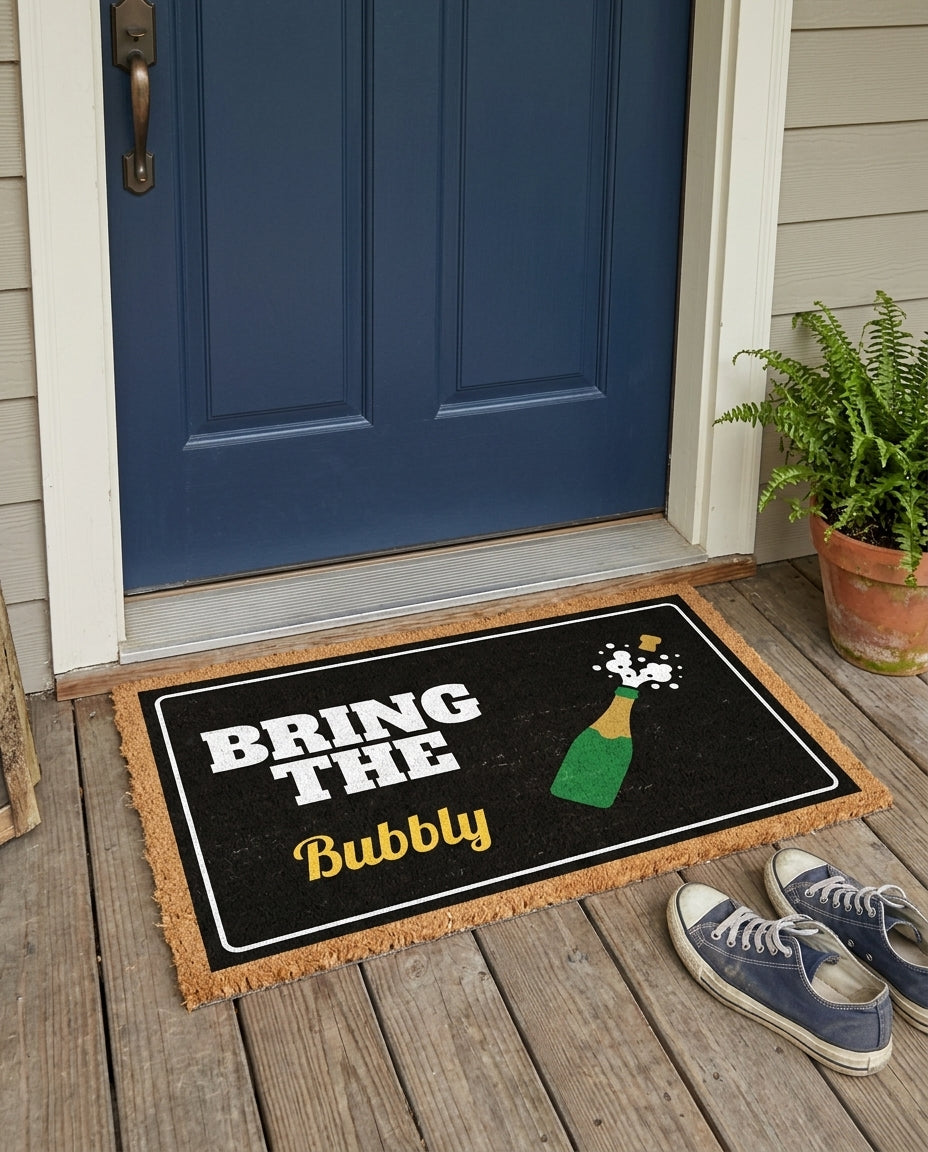 Bring The Bubbly new years doormat on a front porch