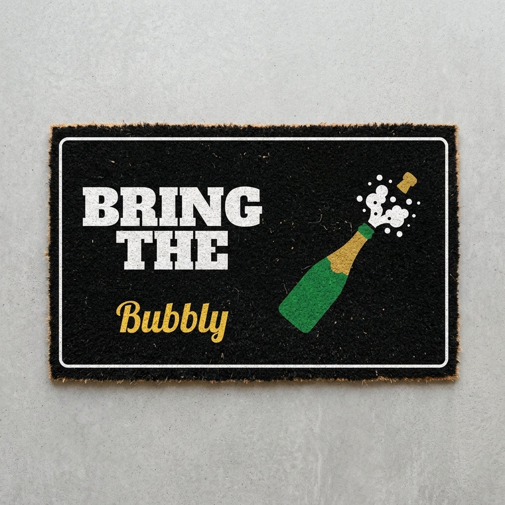 Bring The Bubbly doormat 30x18 in black with a bubbly bottle