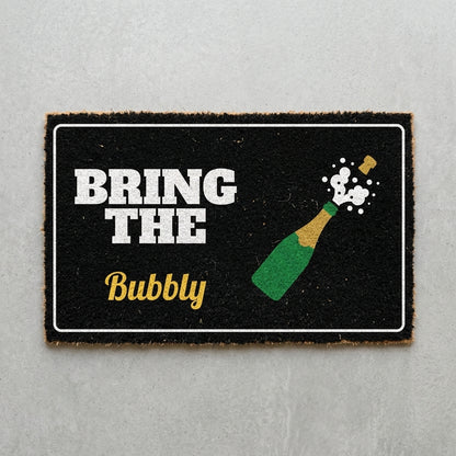 Bring The Bubbly doormat 30x18 in black with a bubbly bottle