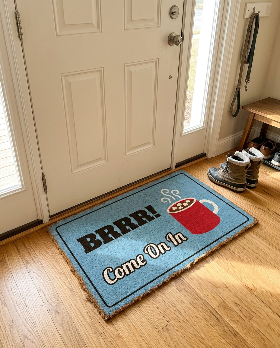 Brrr Come On In welcome mat in a home entryway