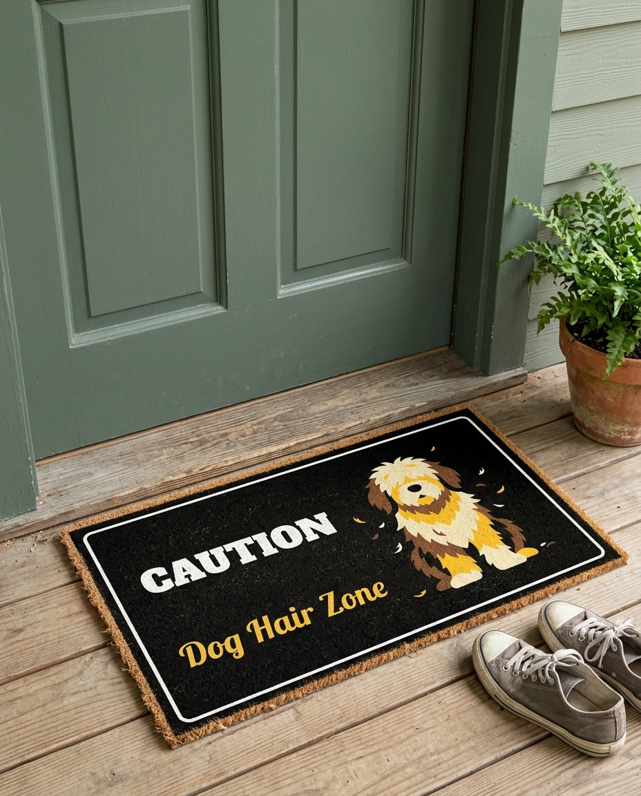 Caution Dog Hair Zone funny dog doormat on a front porch