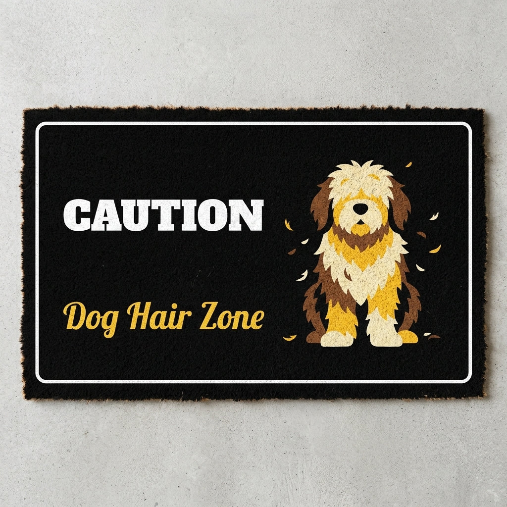 Caution Dog Hair Zone doormat 30x18 in black with a fluffy shedding dog