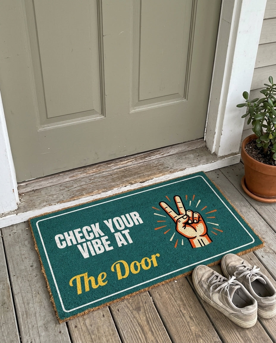 Check Your Vibe At The Door funny doormat on a front porch