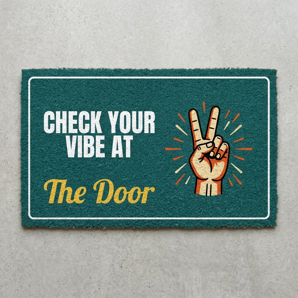 Check Your Vibe At The Door doormat 30x18 in teal with a peace sign hand