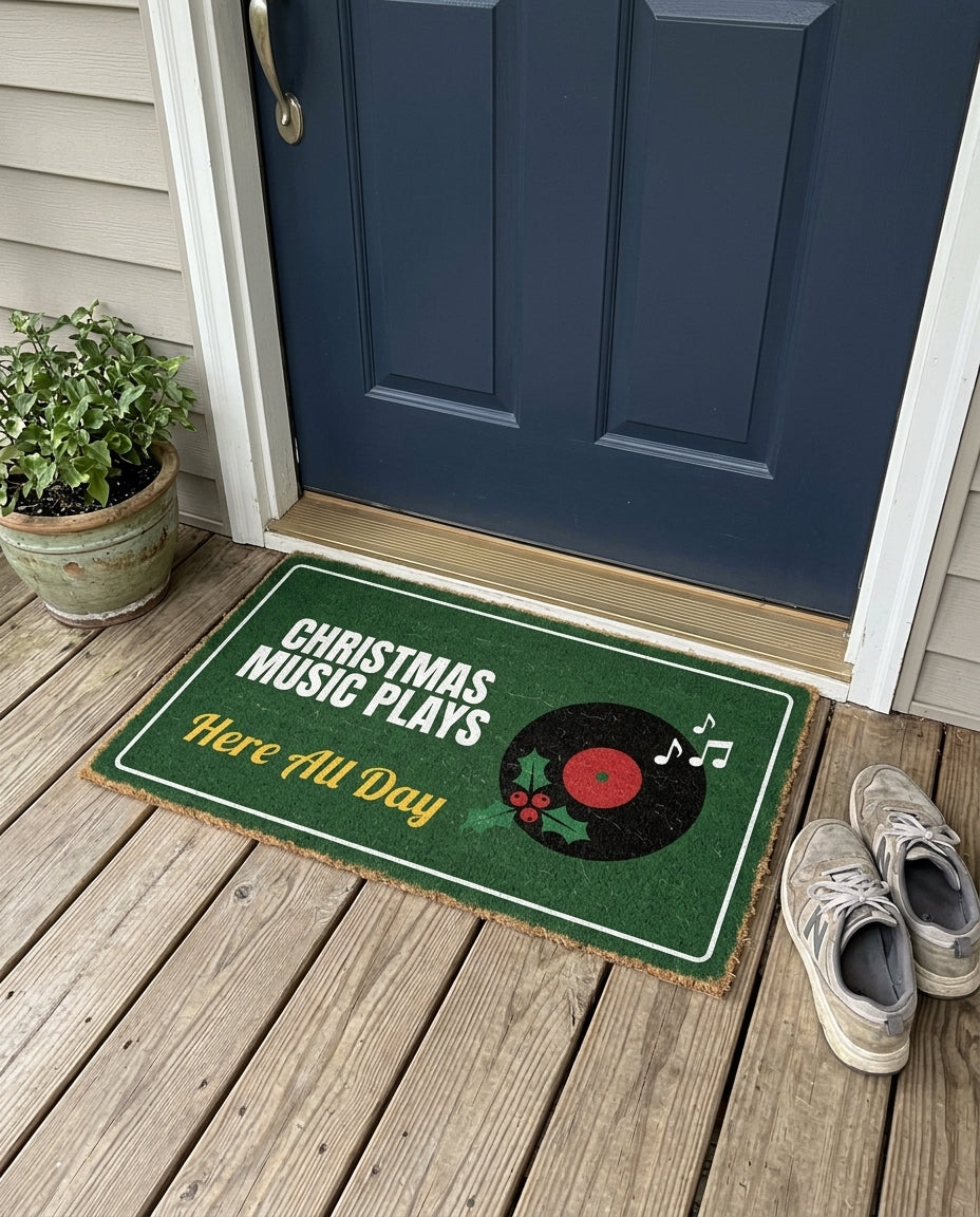 Christmas Music Plays Here All Day music doormat on a front porch