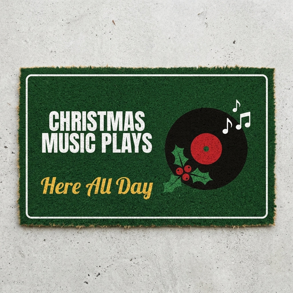 Christmas Music Plays Here All Day doormat 30x18 in dark green with a vinyl record and holly