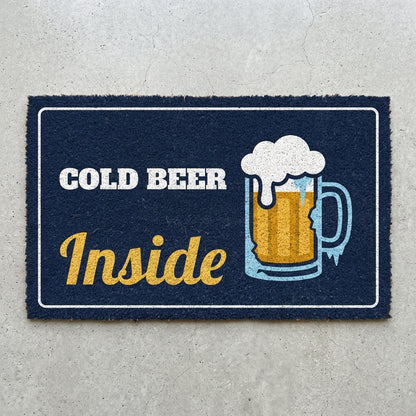 Cold Beer Inside doormat 30x18 in navy with a frothy beer mug