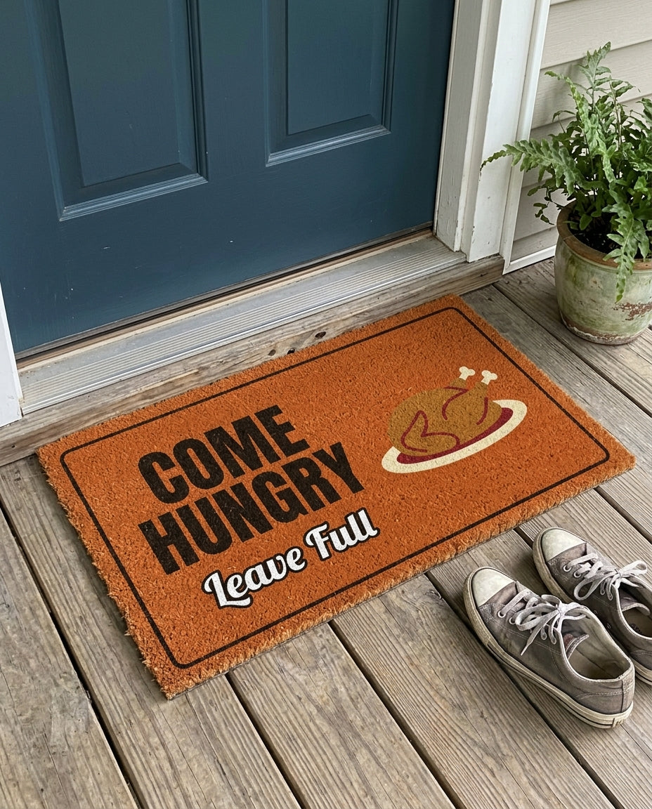 Come Hungry Leave Full Thanksgiving doormat on a front porch