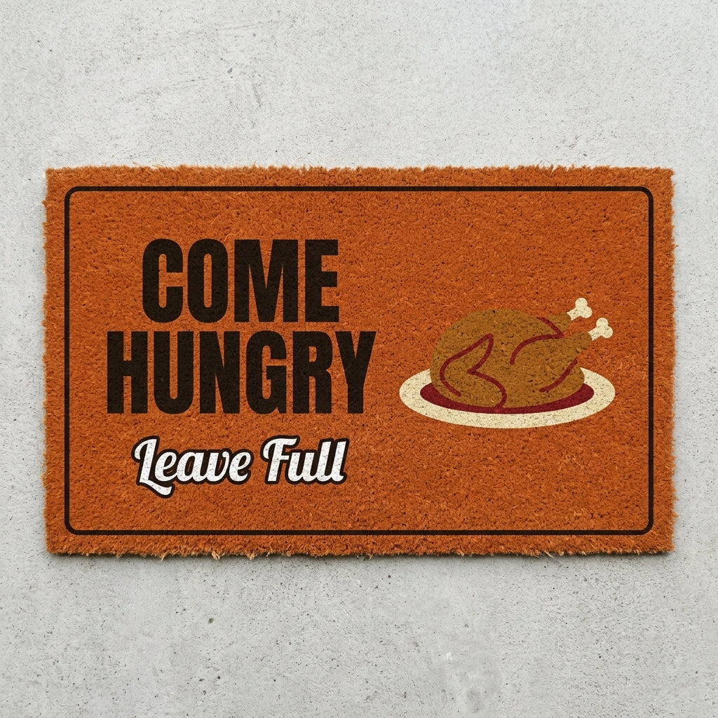 Come Hungry Leave Full doormat 30x18 in burnt orange with a roast turkey