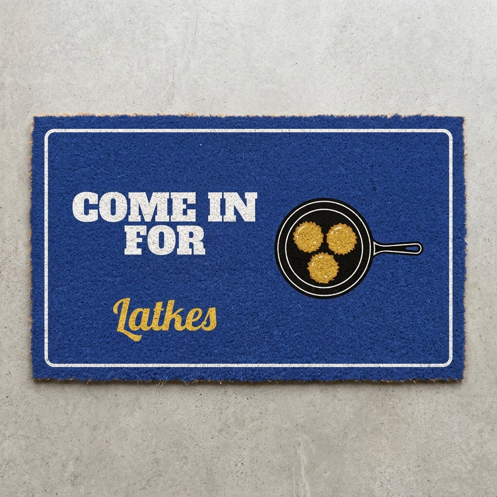 Come In For Latkes doormat 30x18 in royal blue with a skillet of latkes