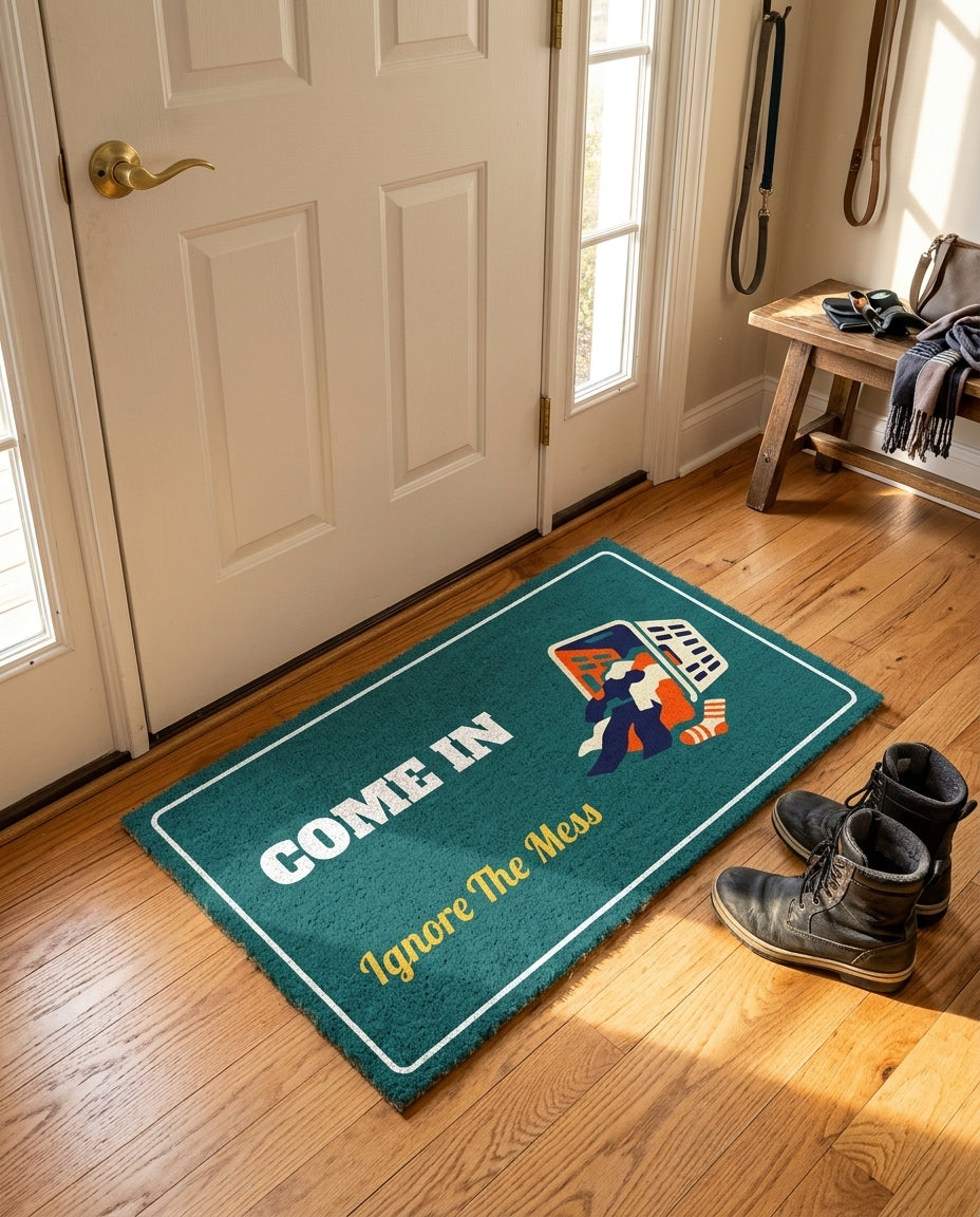 Come In Ignore The Mess welcome mat in a home entryway