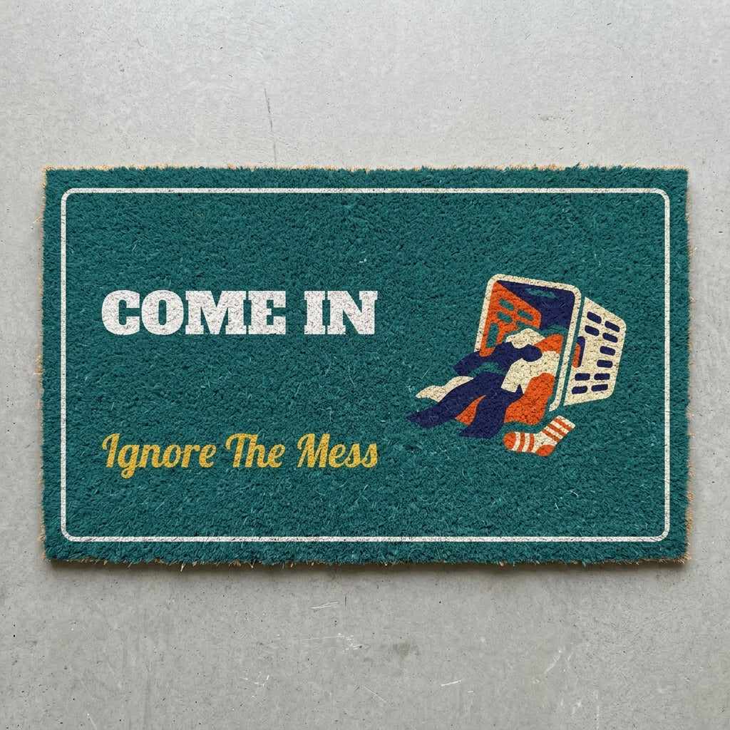 Come In Ignore The Mess doormat 30x18 in teal with a spilled laundry basket
