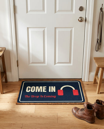 Come In The Drop Is Coming welcome mat in a home entryway