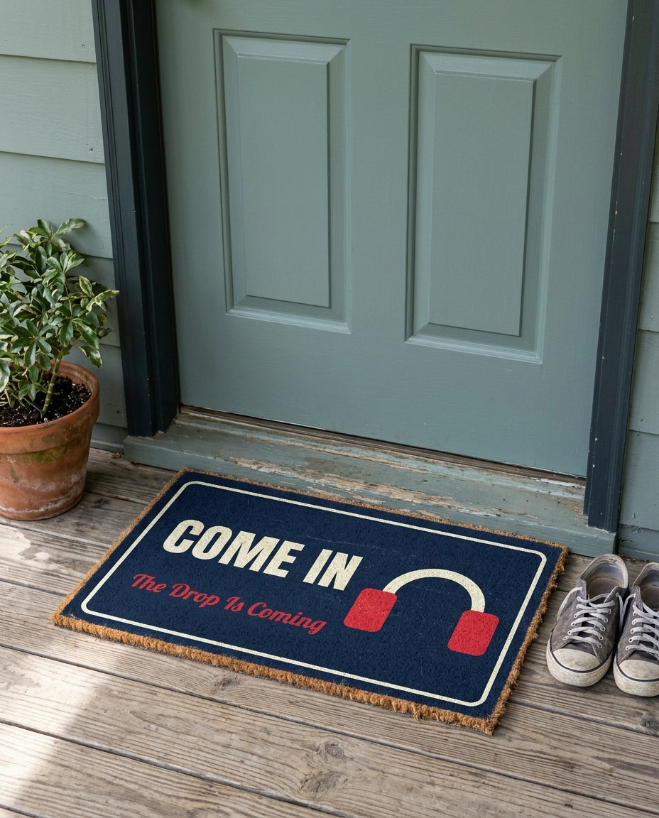 Come In The Drop Is Coming rave doormat on a front porch