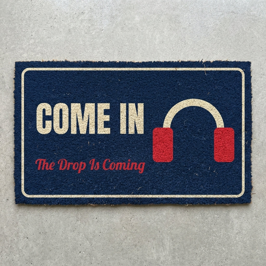 Come In The Drop Is Coming doormat 30x18 in navy with headphones