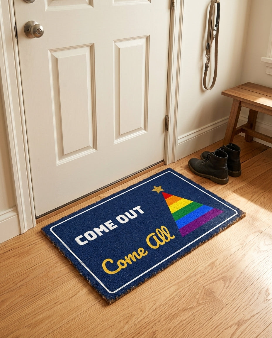 Come Out Come All welcome mat in a home entryway