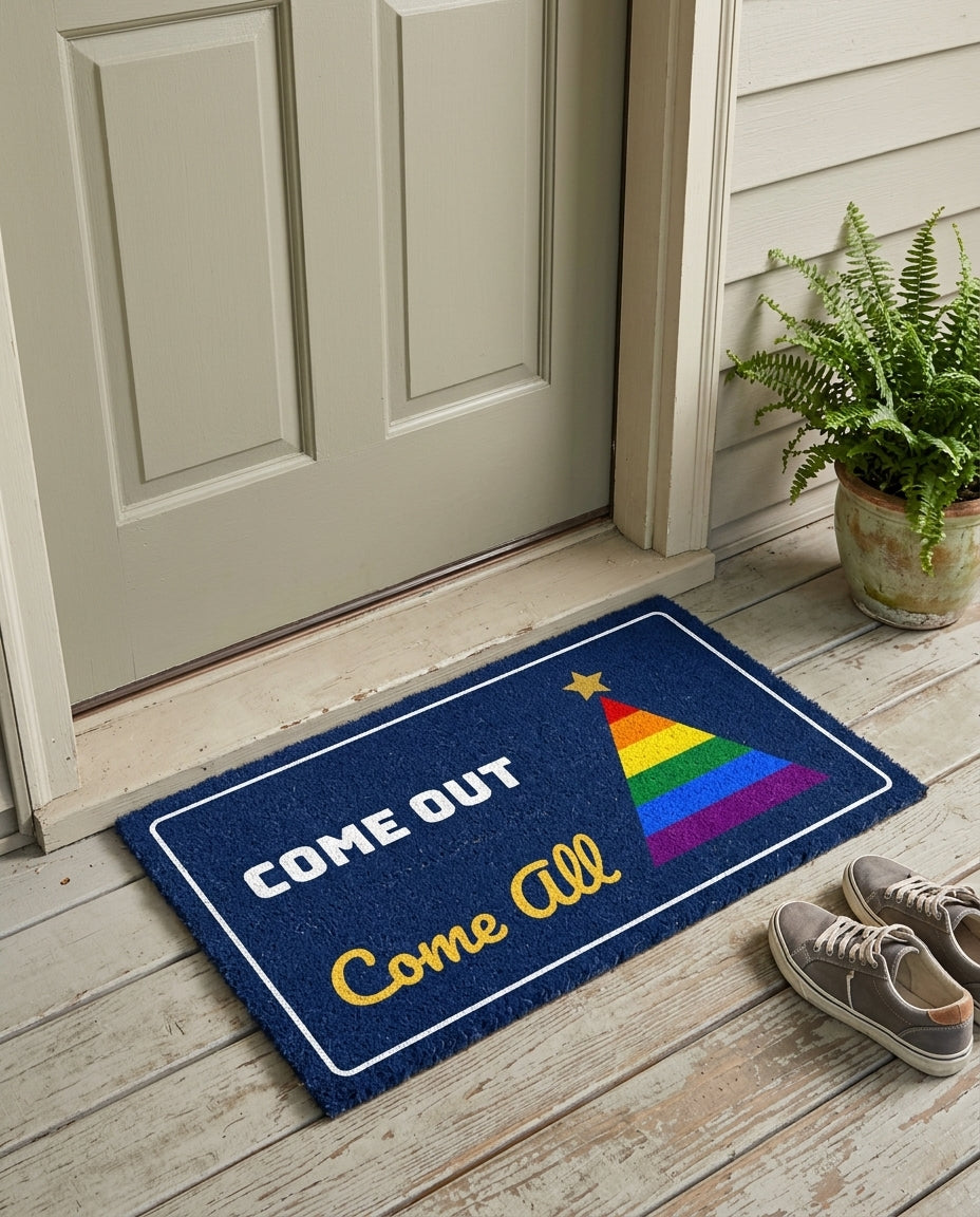 Come Out Come All pride Christmas doormat on a front porch