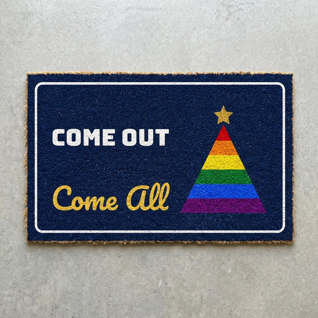Come Out Come All doormat 30x18 in navy with a rainbow Christmas tree