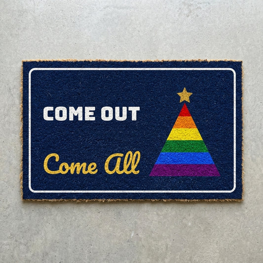 Come Out Come All doormat 30x18 in navy with a rainbow Christmas tree