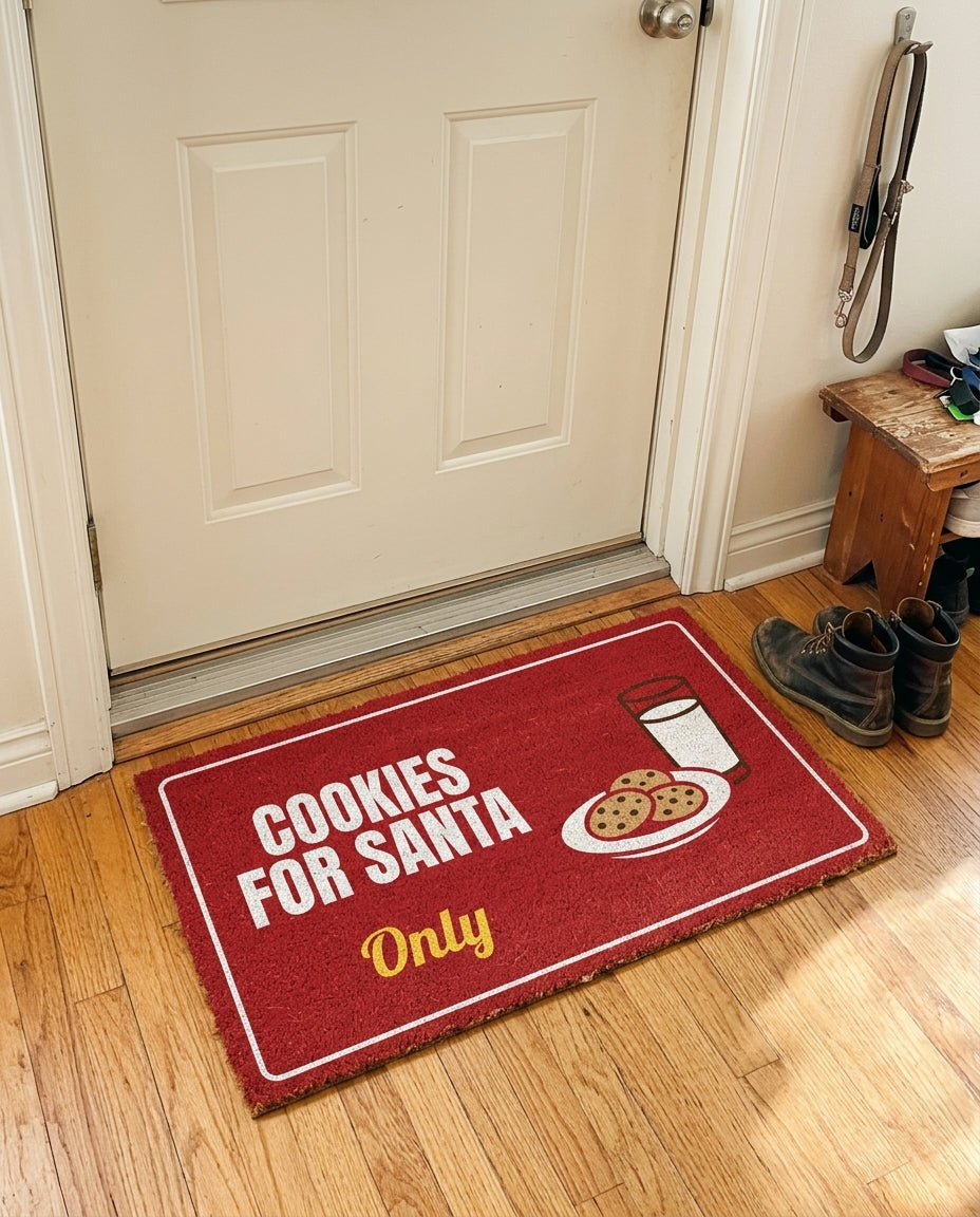 Cookies For Santa Only welcome mat in a home entryway