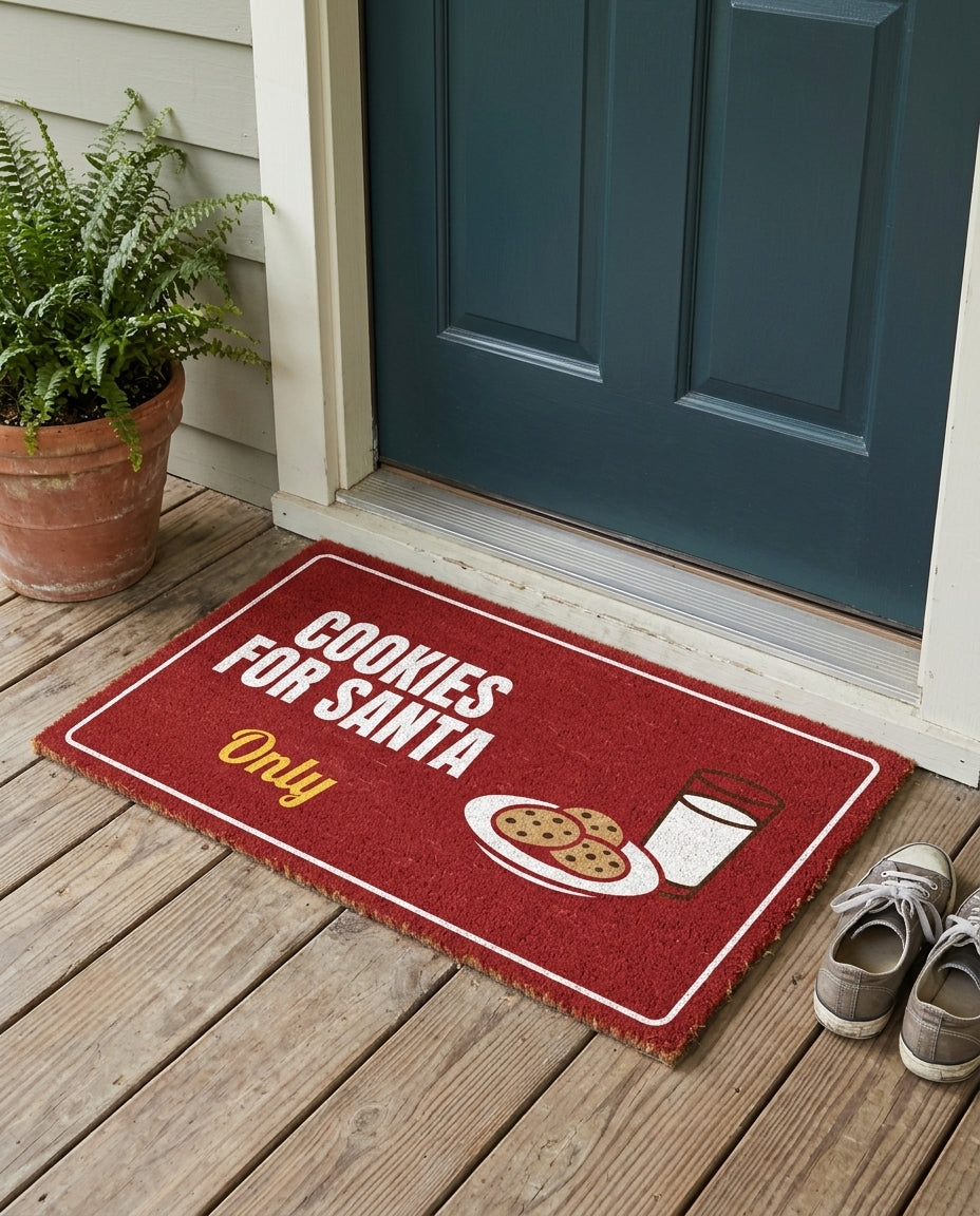 Cookies For Santa Only Christmas doormat on a front porch