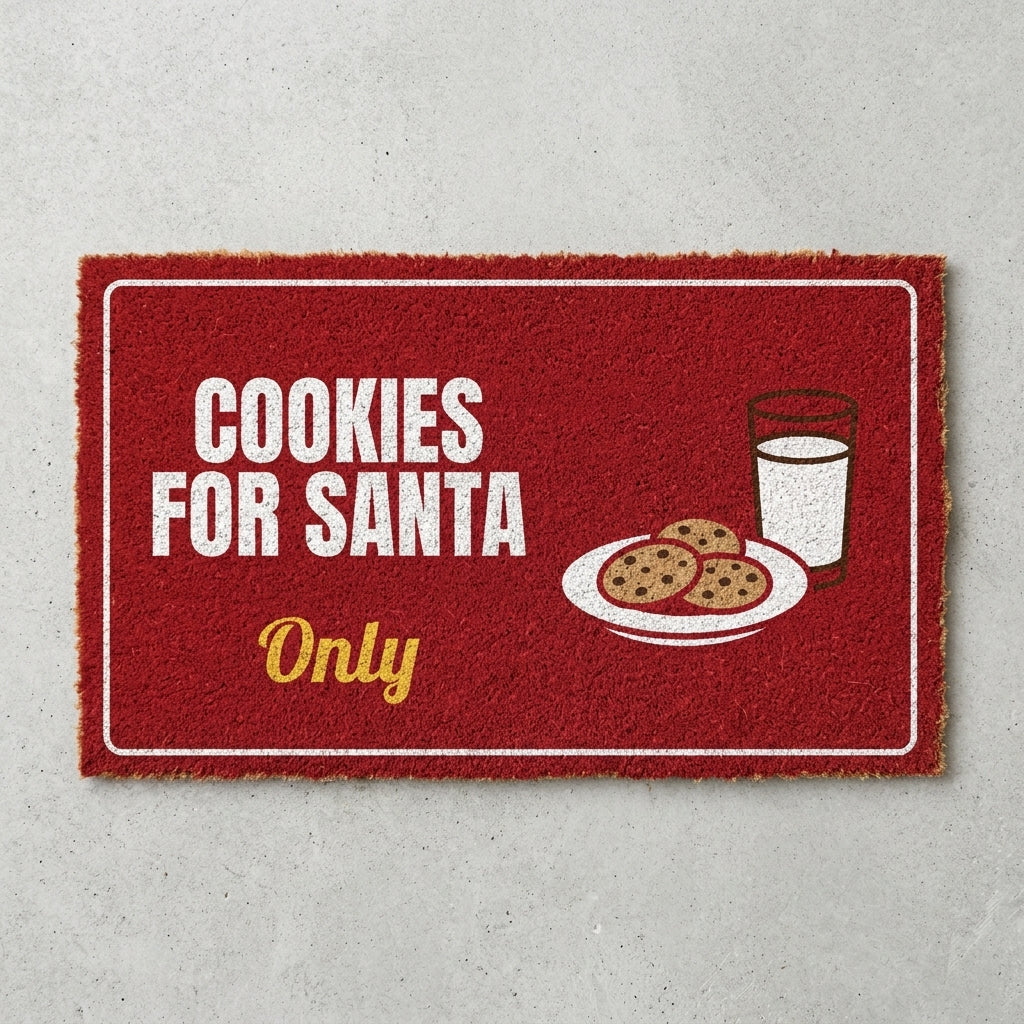 Cookies For Santa Only doormat 30x18 in red with cookies and a glass of milk