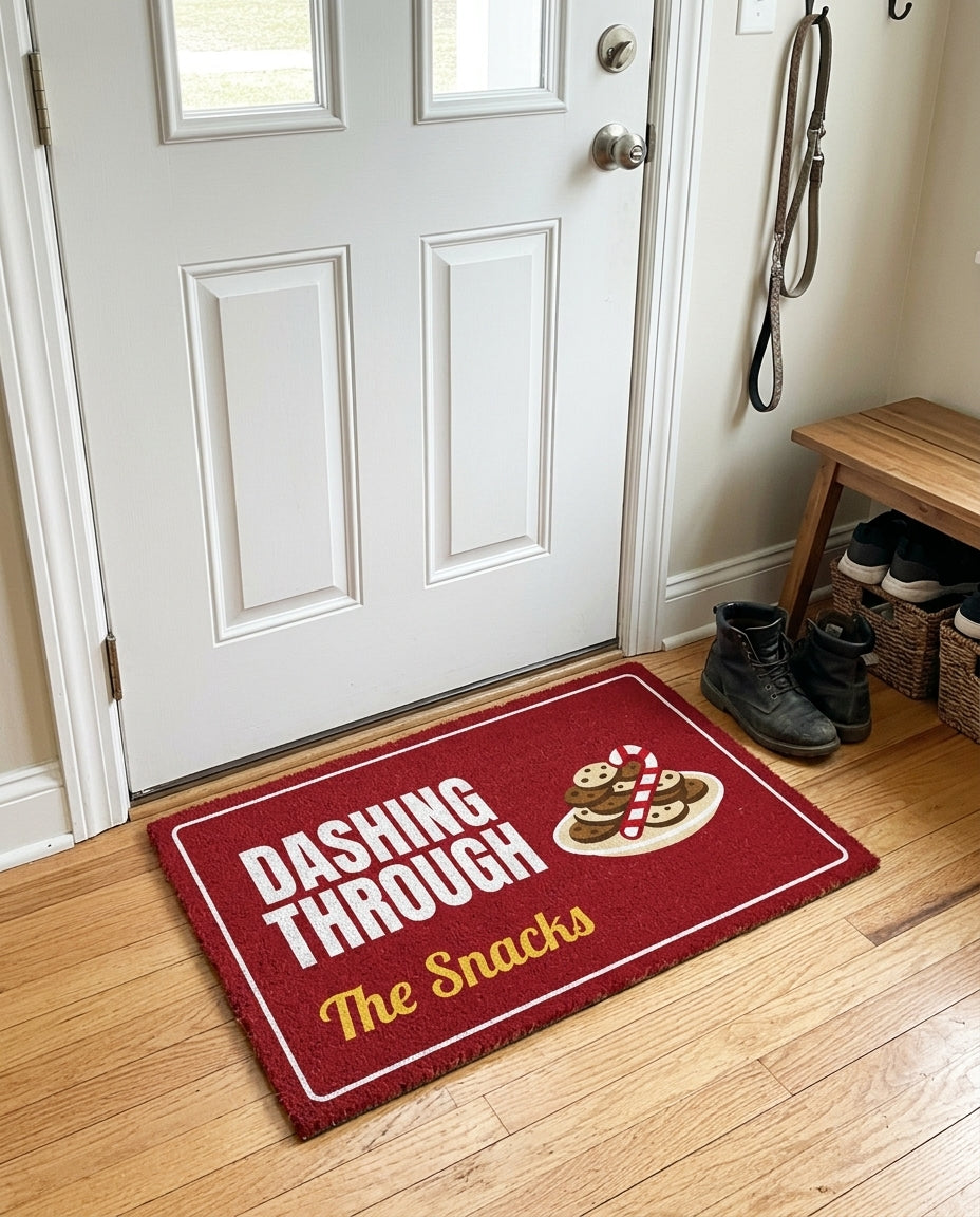 Dashing Through The Snacks welcome mat in a home entryway