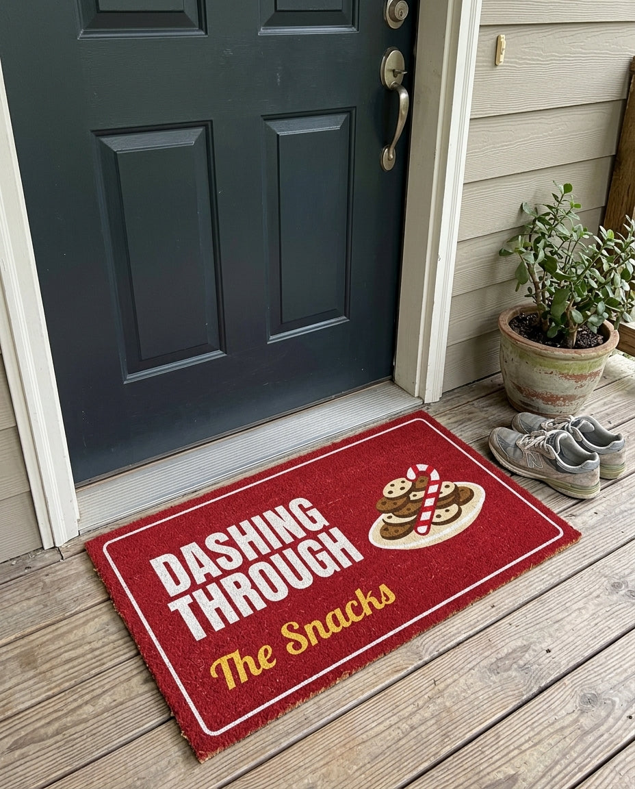 Dashing Through The Snacks Christmas doormat on a front porch