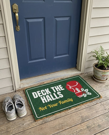 Deck The Halls Not Your Family funny Christmas doormat on a front porch
