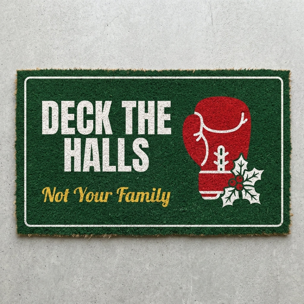 Deck The Halls Not Your Family doormat 30x18 in green with a red boxing glove and holly