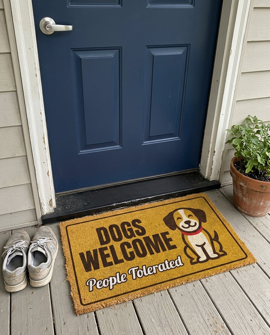 Dogs Welcome People Tolerated funny dog doormat on a front porch