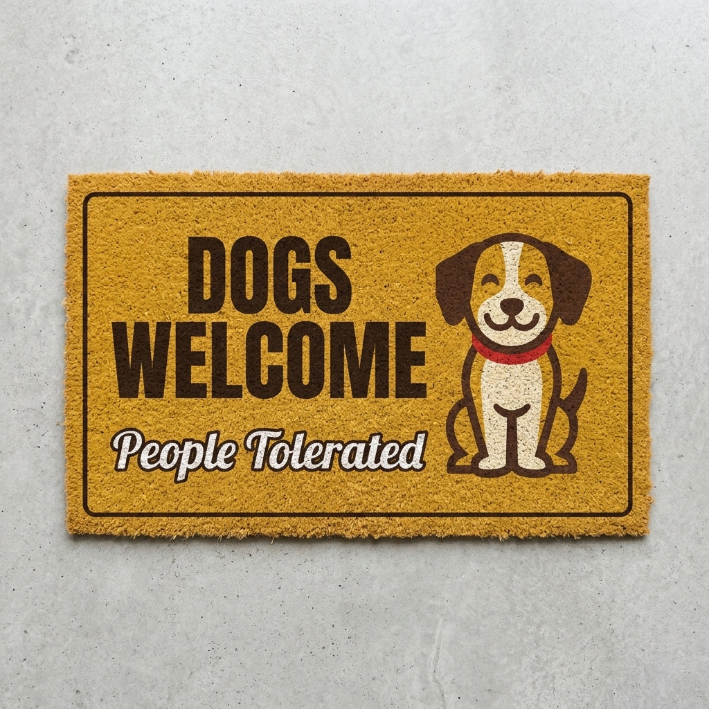 Dogs Welcome People Tolerated doormat 30x18 in mustard with a smiling puppy