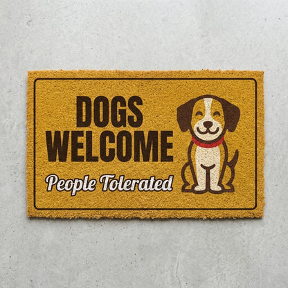 Dogs Welcome People Tolerated doormat 30x18 in mustard with a smiling puppy