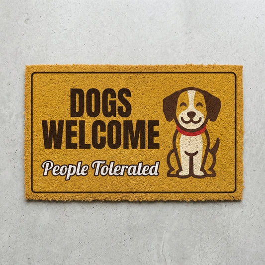 Dogs Welcome People Tolerated doormat 30x18 in mustard with a smiling puppy
