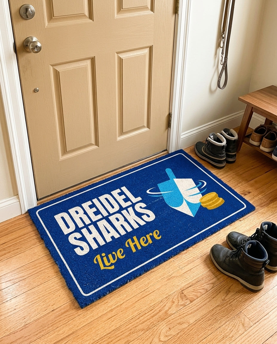 Dreidel Sharks Live Here welcome mat in a home entryway