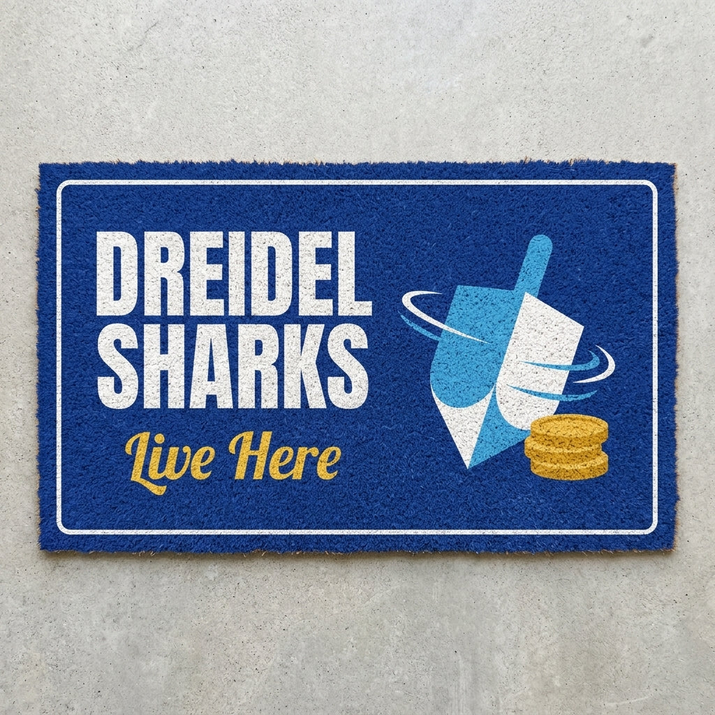 Dreidel Sharks Live Here doormat 30x18 in royal blue with a dreidel and gold coins