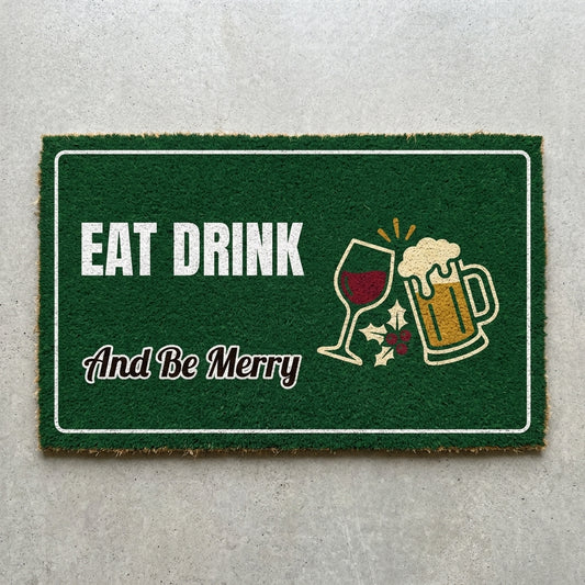 Eat Drink And Be Merry doormat 30x18 in green with a wine glass and a frothy mug