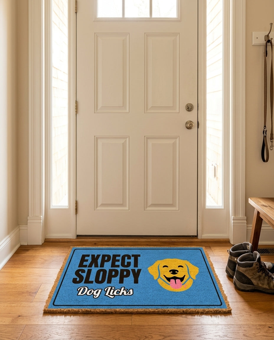 Expect Sloppy Dog Licks welcome mat in a home entryway