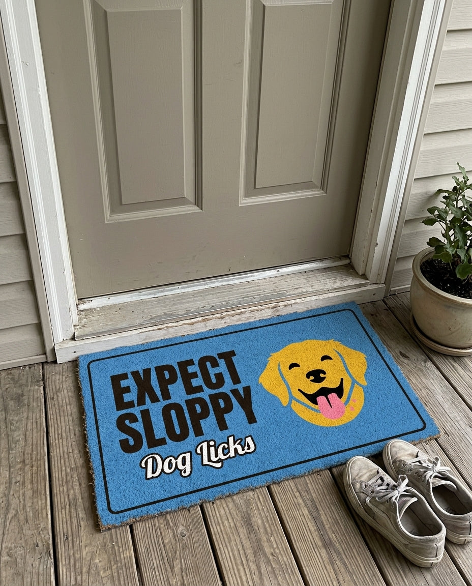 Expect Sloppy Dog Licks funny dog doormat on a front porch