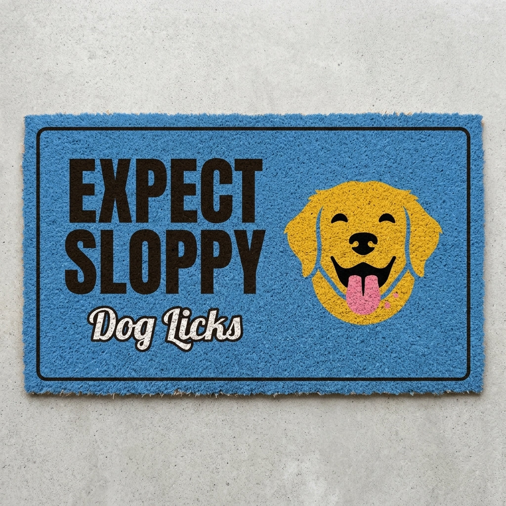 Expect Sloppy Dog Licks doormat 30x18 in blue with a golden dog with its tongue out