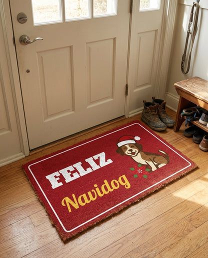 Feliz Navidog welcome mat in a home entryway