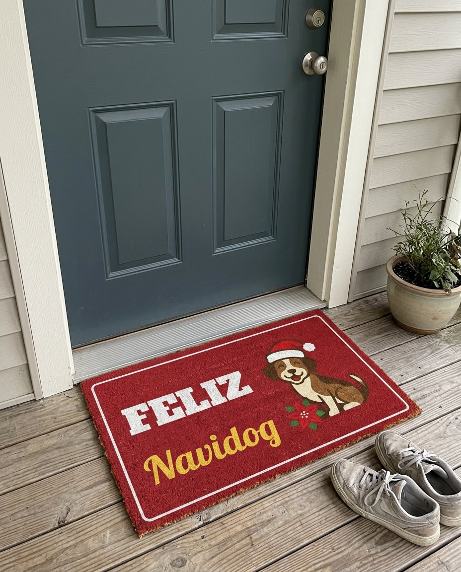 Feliz Navidog dog Christmas doormat on a front porch