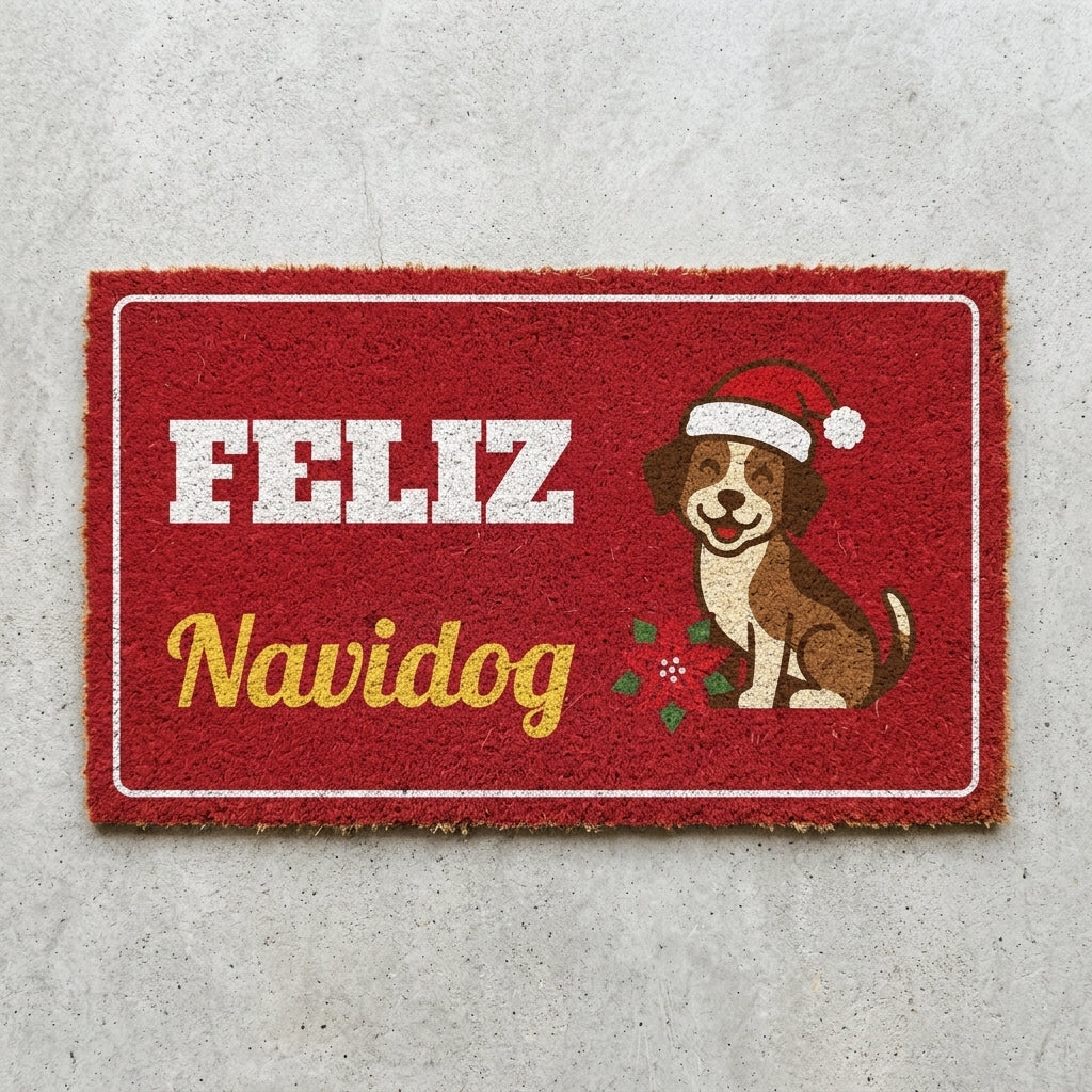 Feliz Navidog doormat 30x18 in red with a puppy in a Santa hat