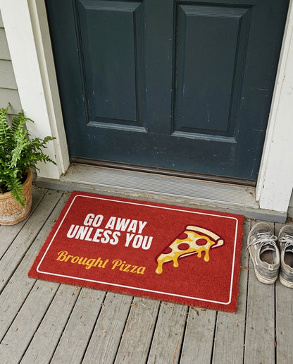 Go Away Unless You Brought Pizza funny food doormat on a front porch