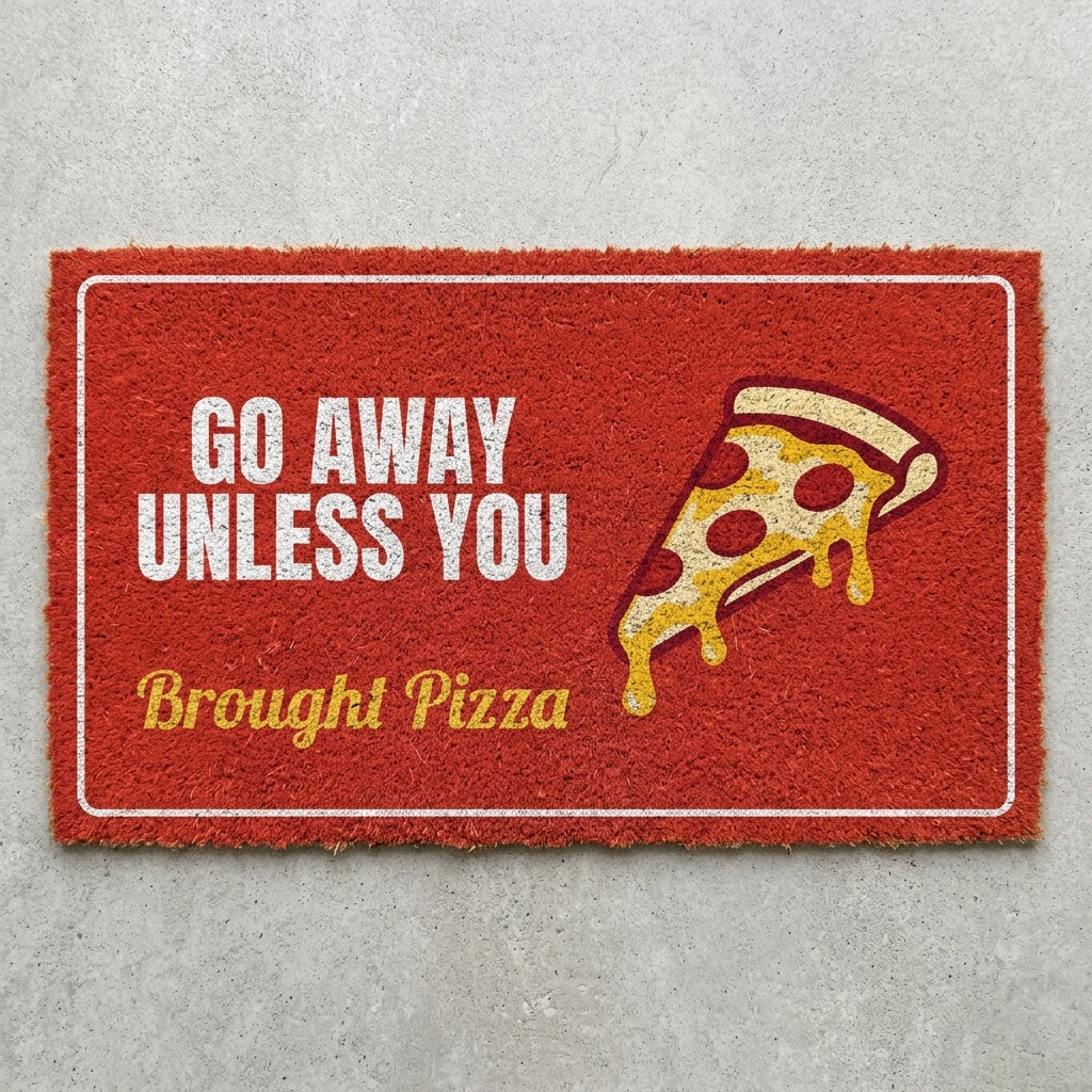 Go Away Unless You Brought Pizza doormat 30x18 in red with a pizza slice