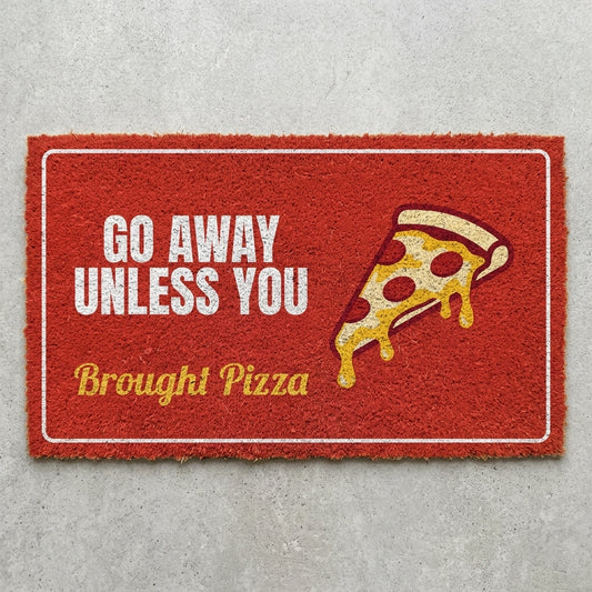 Go Away Unless You Brought Pizza doormat 30x18 in red with a pizza slice