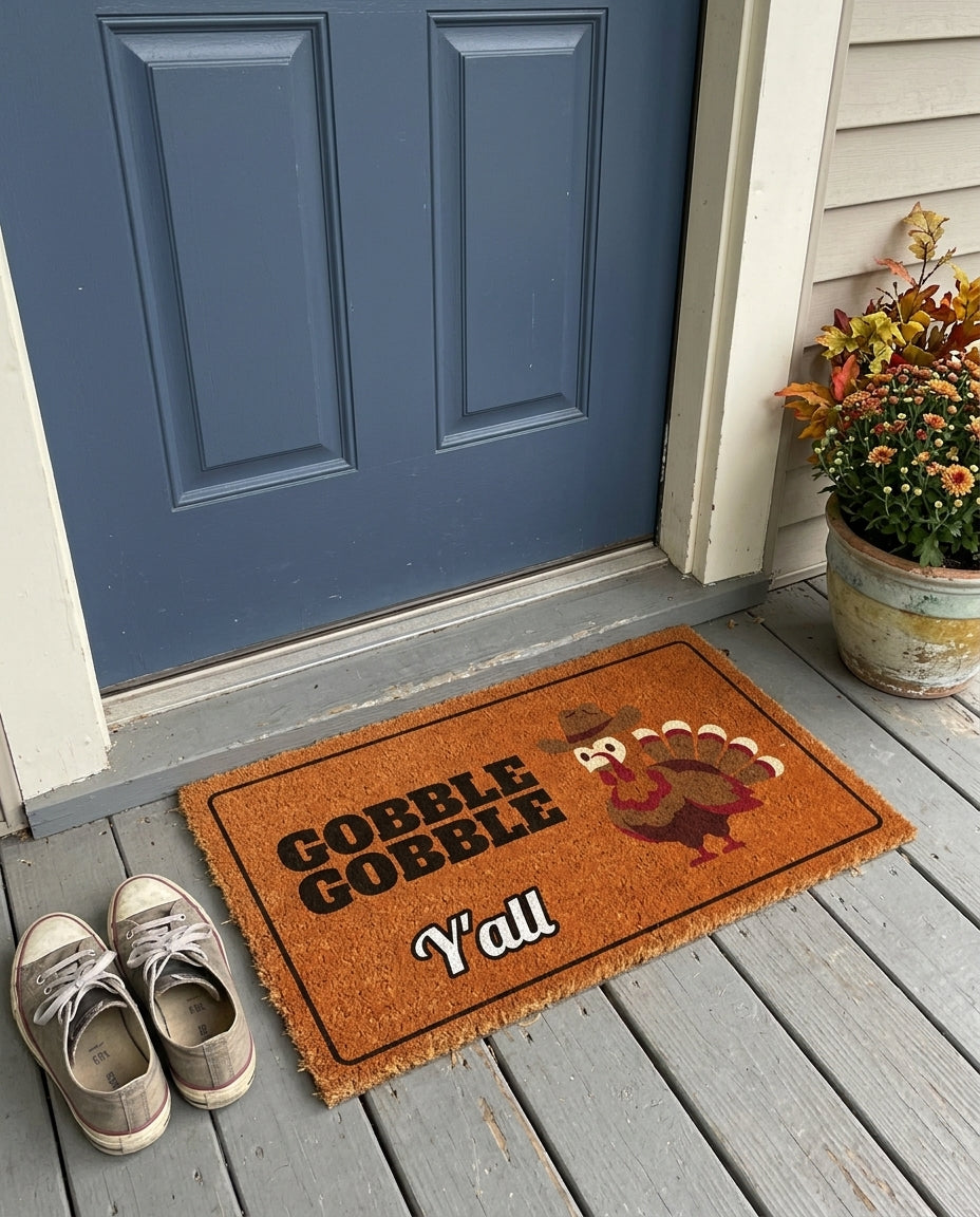 Gobble Gobble Yall Thanksgiving doormat on a front porch