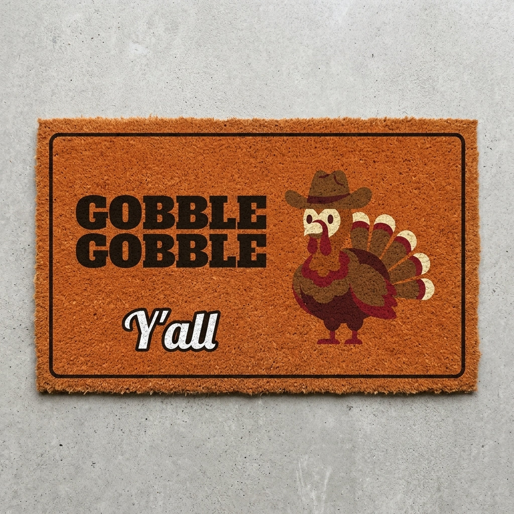 Gobble Gobble Yall doormat 30x18 in burnt orange with a turkey in a cowboy hat