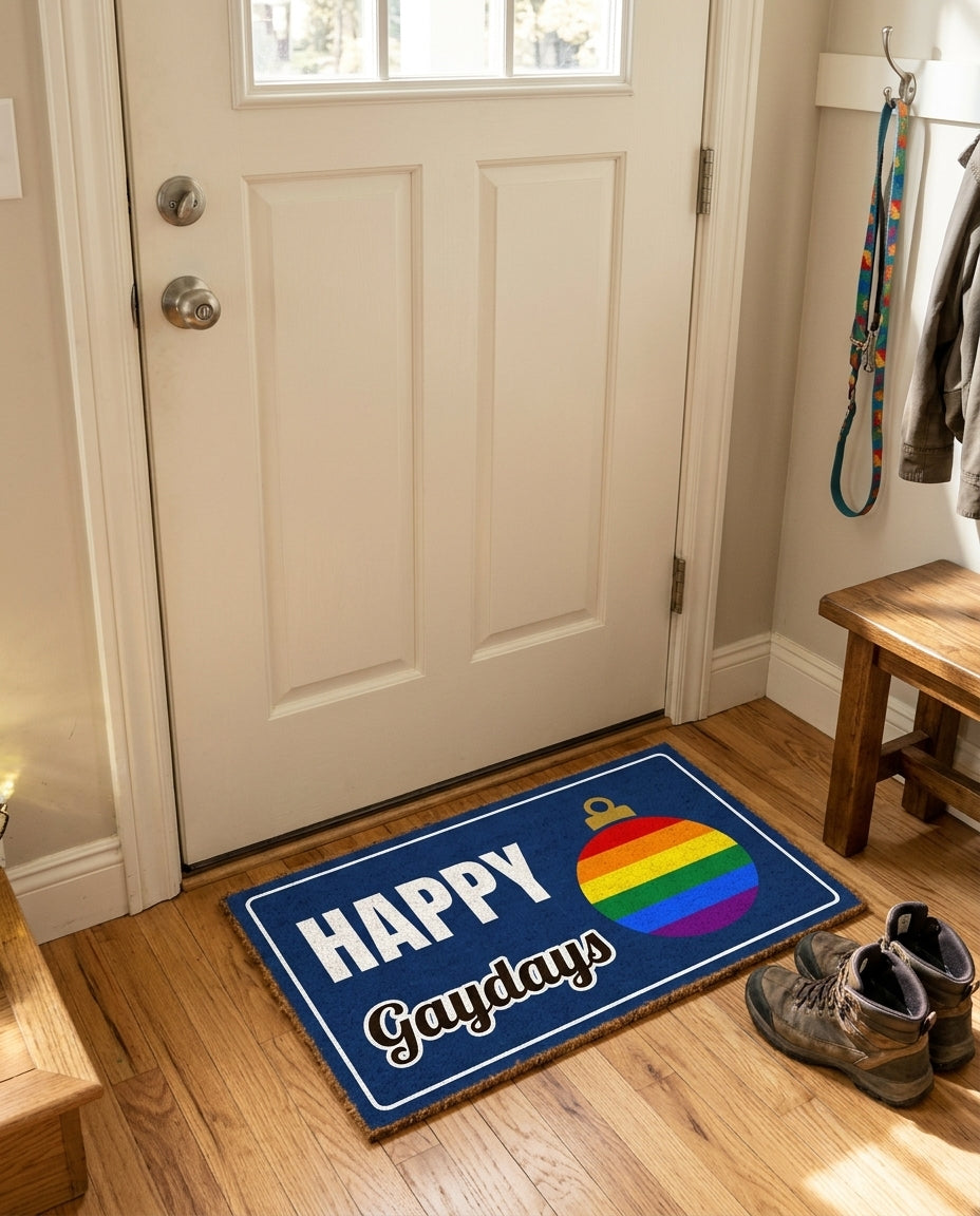 Happy Gaydays welcome mat in a home entryway