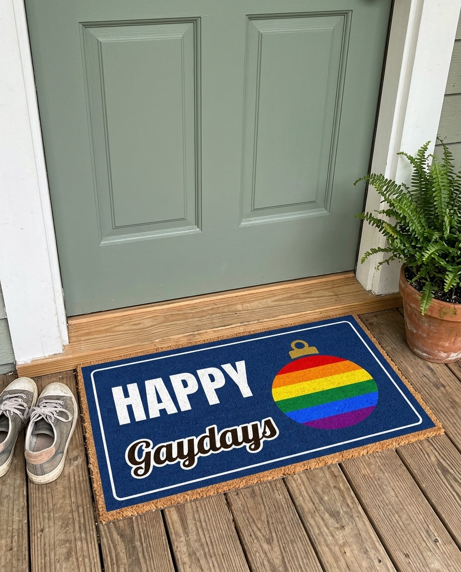 Happy Gaydays pride Christmas doormat on a front porch